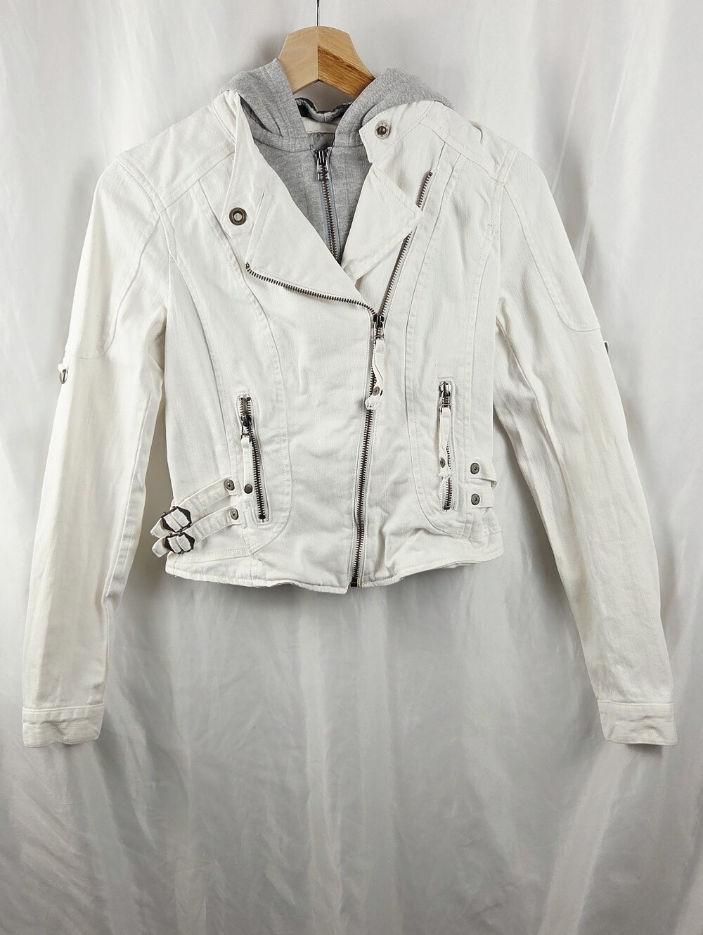 Guess White Edgy Moto Zip Pockets And Buckles Hooded Jacket Size XS